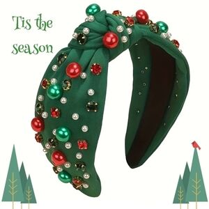 Rhinestone & Pearl Knotted Green Headband with Wide Brim.  NWOT